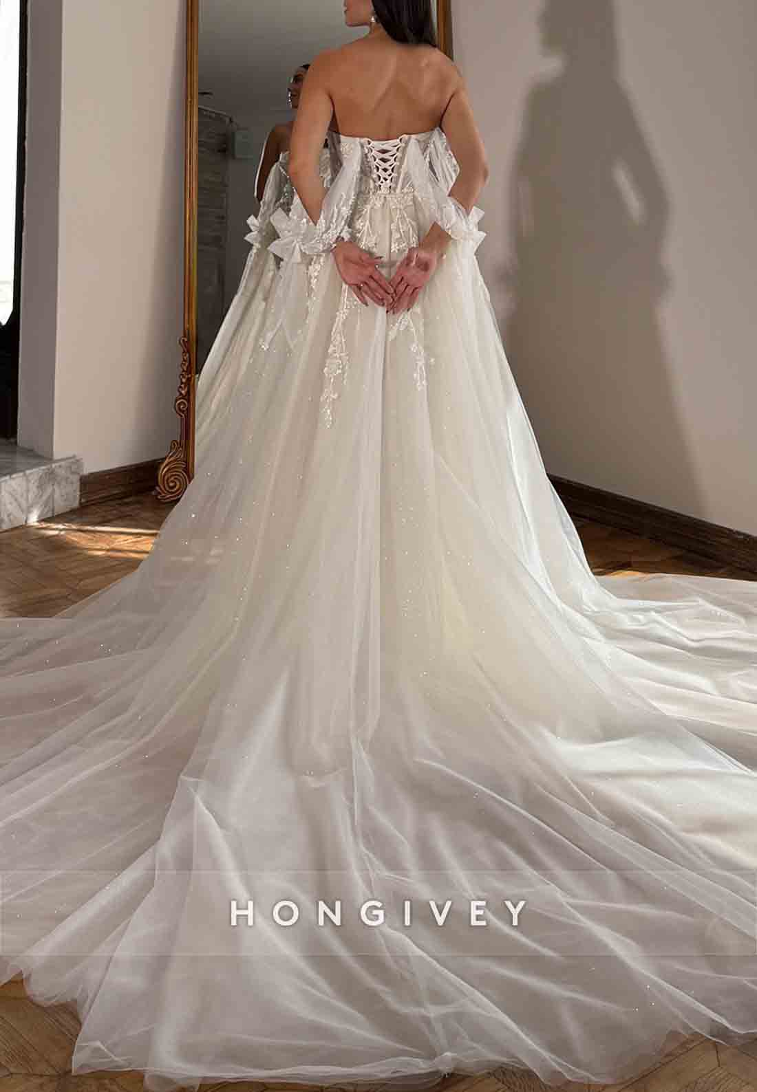 Detachable Appliqued Tulle Off the Shoulder Mermaid Wedding Dresses with Bowknot