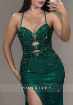 Sparkly Teal Spaghetti Straps Crisscross Back High Slit Mermaid Prom Dresses