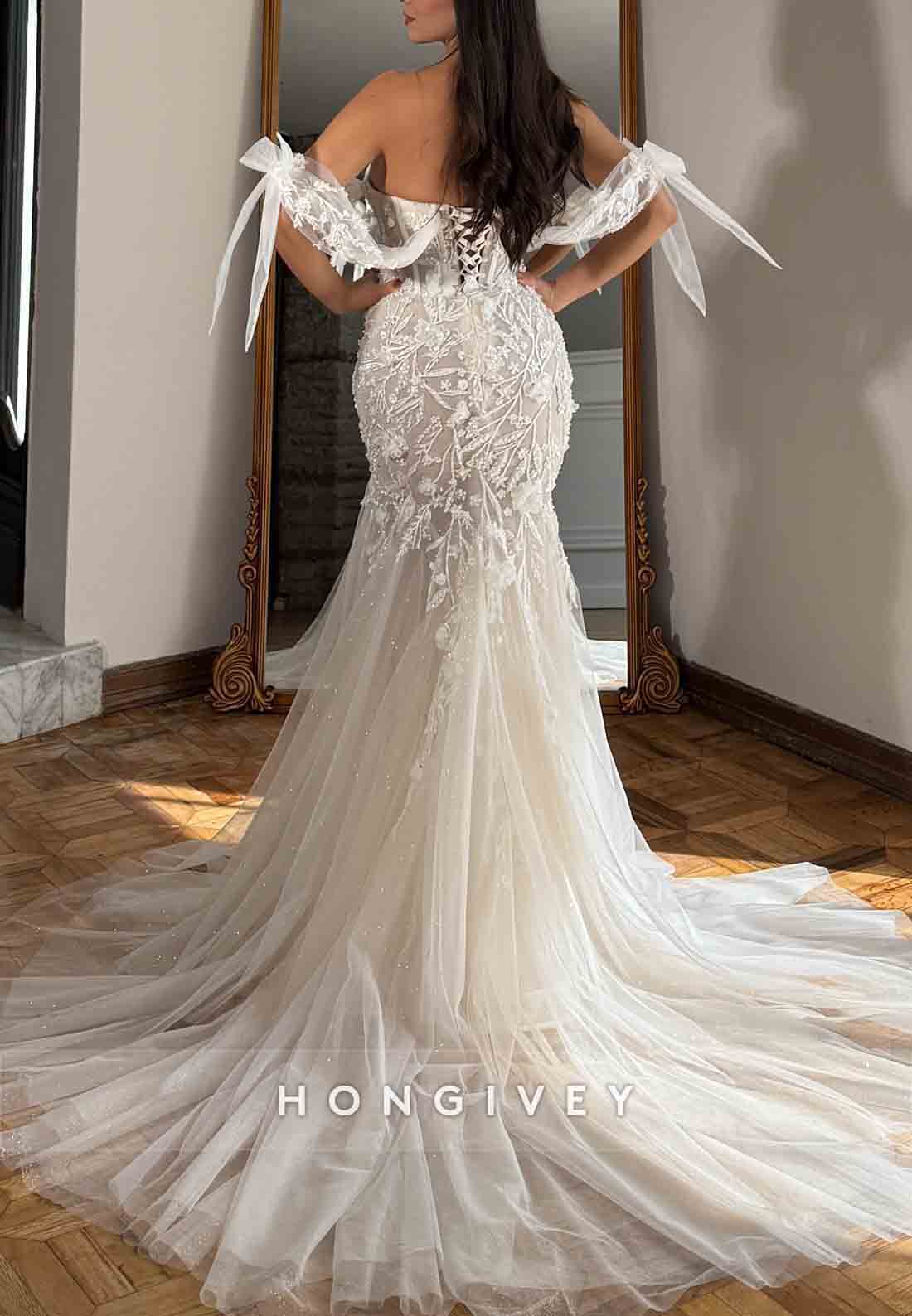 Detachable Appliqued Tulle Off the Shoulder Mermaid Wedding Dresses with Bowknot