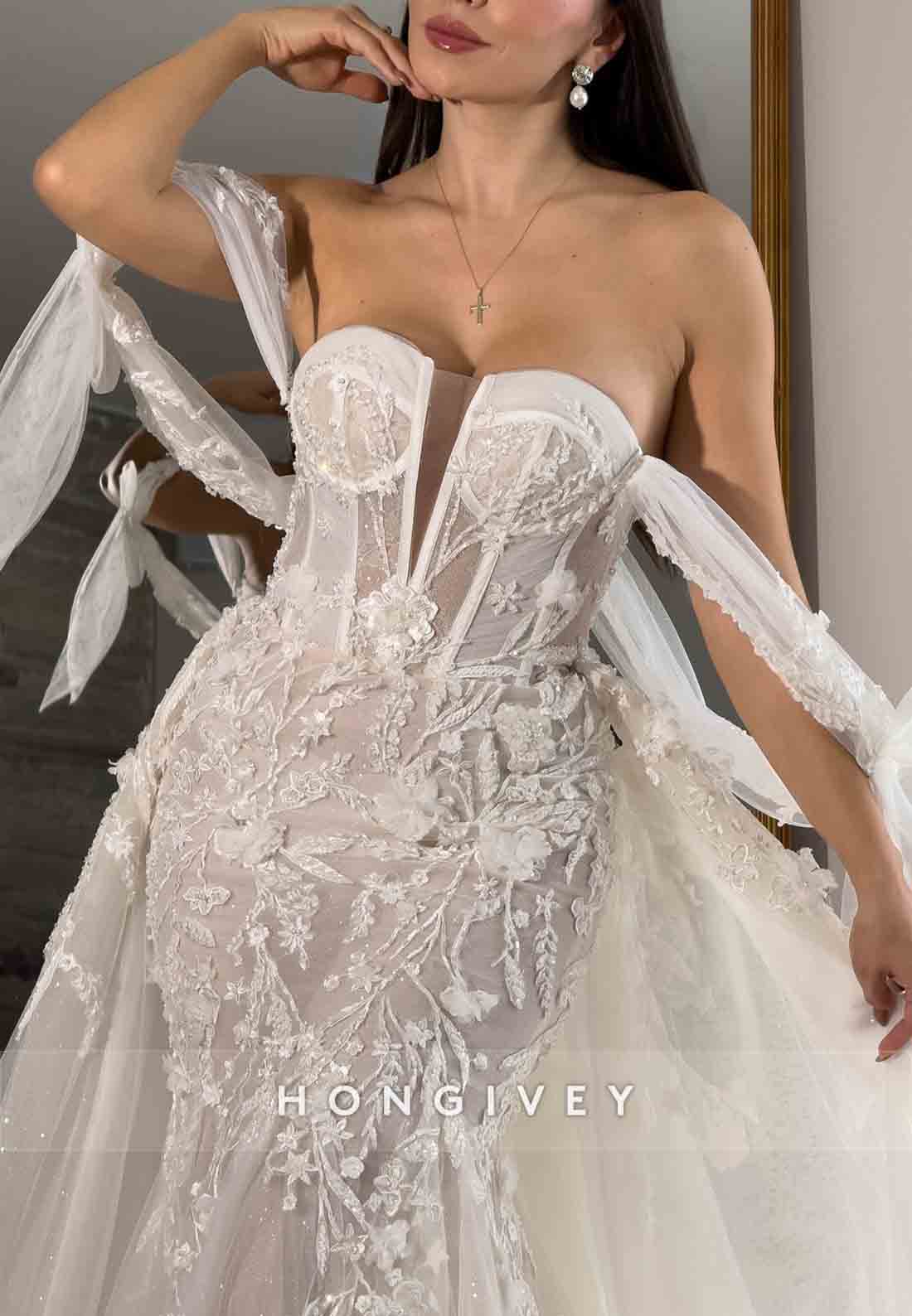 Detachable Appliqued Tulle Off the Shoulder Mermaid Wedding Dresses with Bowknot
