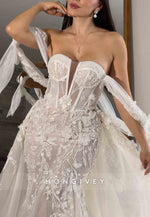 Detachable Appliqued Tulle Off the Shoulder Mermaid Wedding Dresses with Bowknot