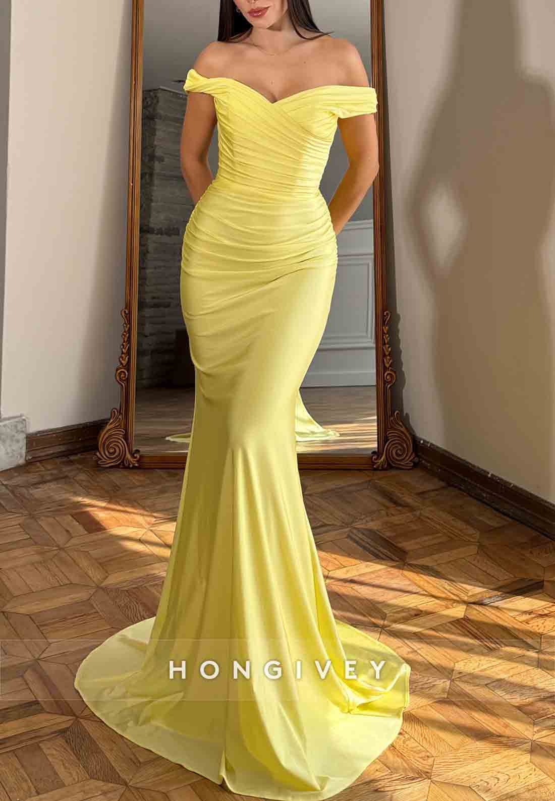 Simple Yellow Off the Shoulder Pleated Mermaid Prom Dresses