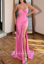 Pink Spaghetti Straps Backless V-Neck Satin Pleated Trumpet Prom Dresses