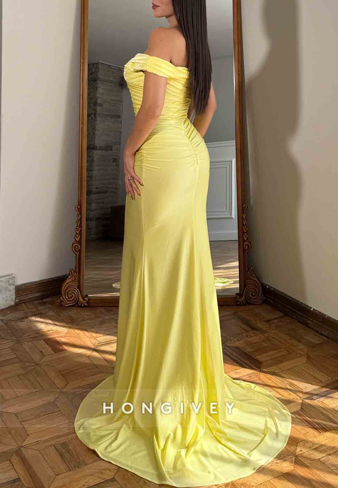 Simple Yellow Off the Shoulder Pleated Mermaid Prom Dresses