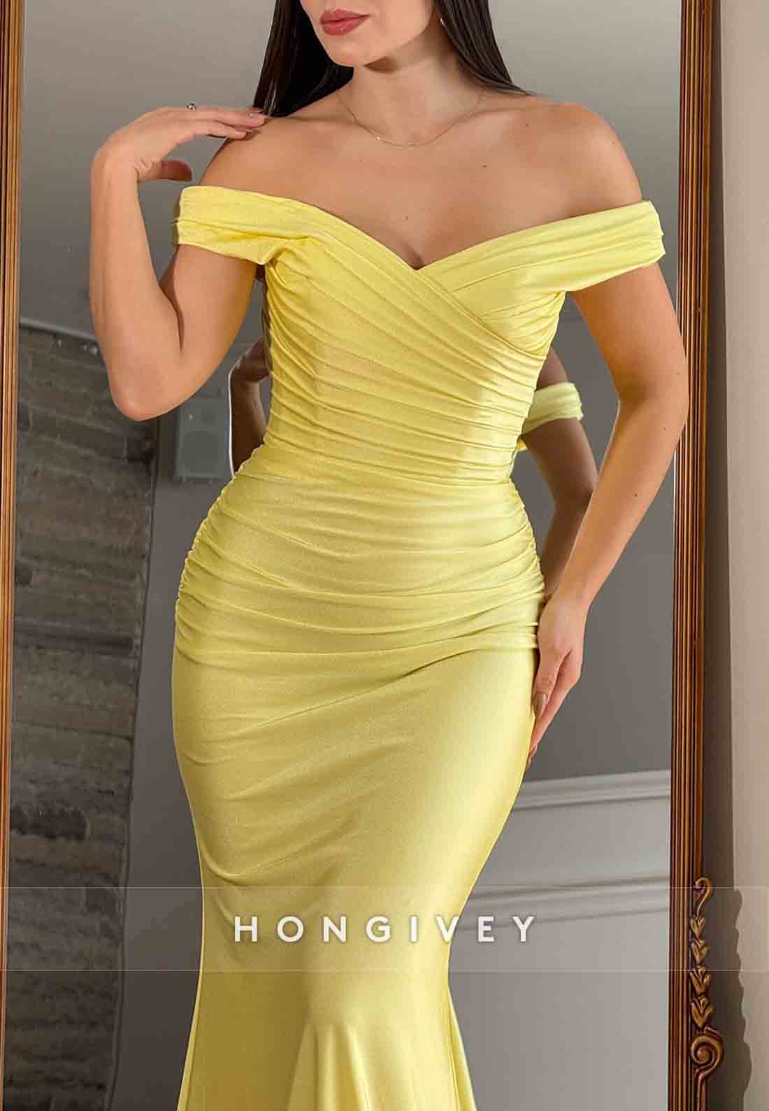 Simple Yellow Off the Shoulder Pleated Mermaid Prom Dresses