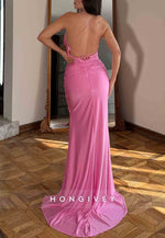 Pink Spaghetti Straps Backless V-Neck Satin Pleated Trumpet Prom Dresses