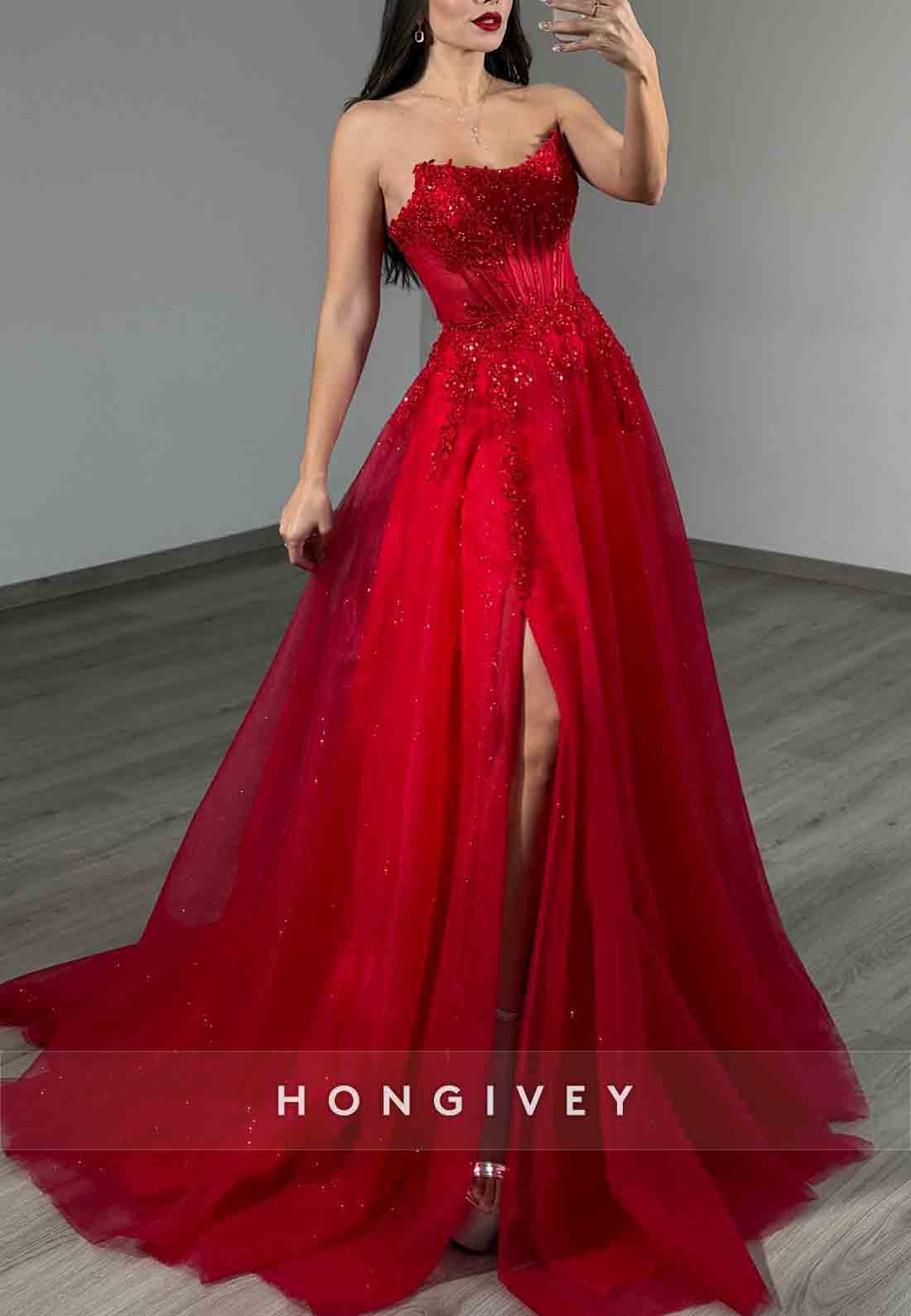 Red High Slit Strapless A-Line Glitter Beaded Empire Prom Dresses