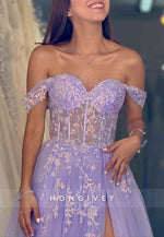 Lilac Off the Shoulder Appliqued A-Line High Slit Sweetheart Tulle Prom Dresses