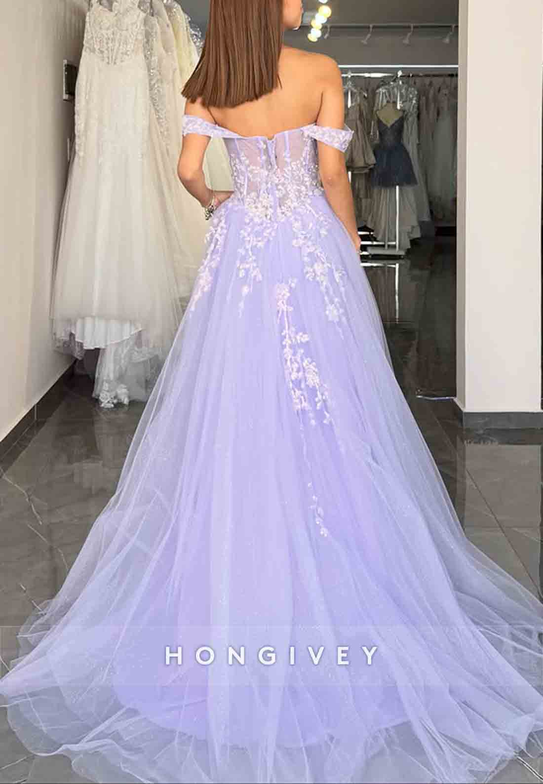 Lilac Off the Shoulder Appliqued A-Line High Slit Sweetheart Tulle Prom Dresses