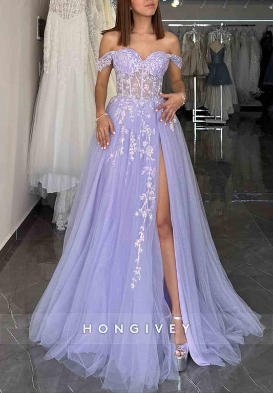 Lilac Off the Shoulder Appliqued A-Line High Slit Sweetheart Tulle Prom Dresses
