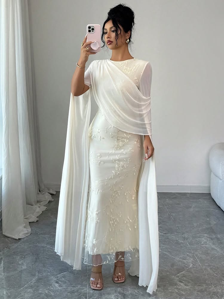 Elegant O-Neck Cape Sleeve Mermaid Applique Ankle-Length Evening Dress