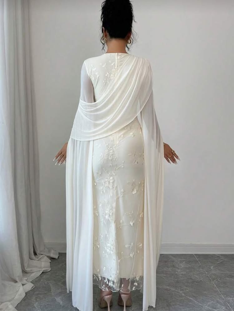 Elegant O-Neck Cape Sleeve Mermaid Applique Ankle-Length Evening Dress