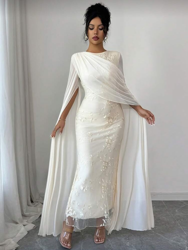 Elegant O-Neck Cape Sleeve Mermaid Applique Ankle-Length Evening Dress