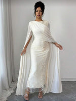Elegant O-Neck Cape Sleeve Mermaid Applique Ankle-Length Evening Dress