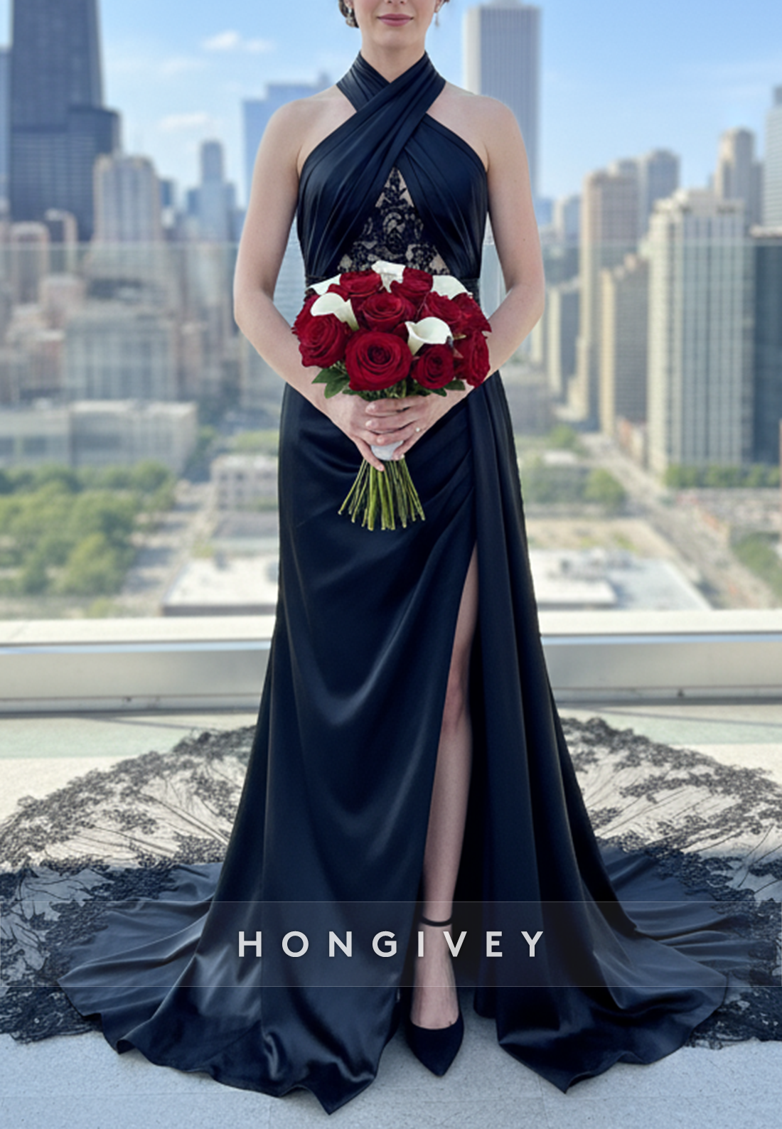 Halter Neck Lace Pleated Open Back Mermaid Black Wedding Dresses with High Slit