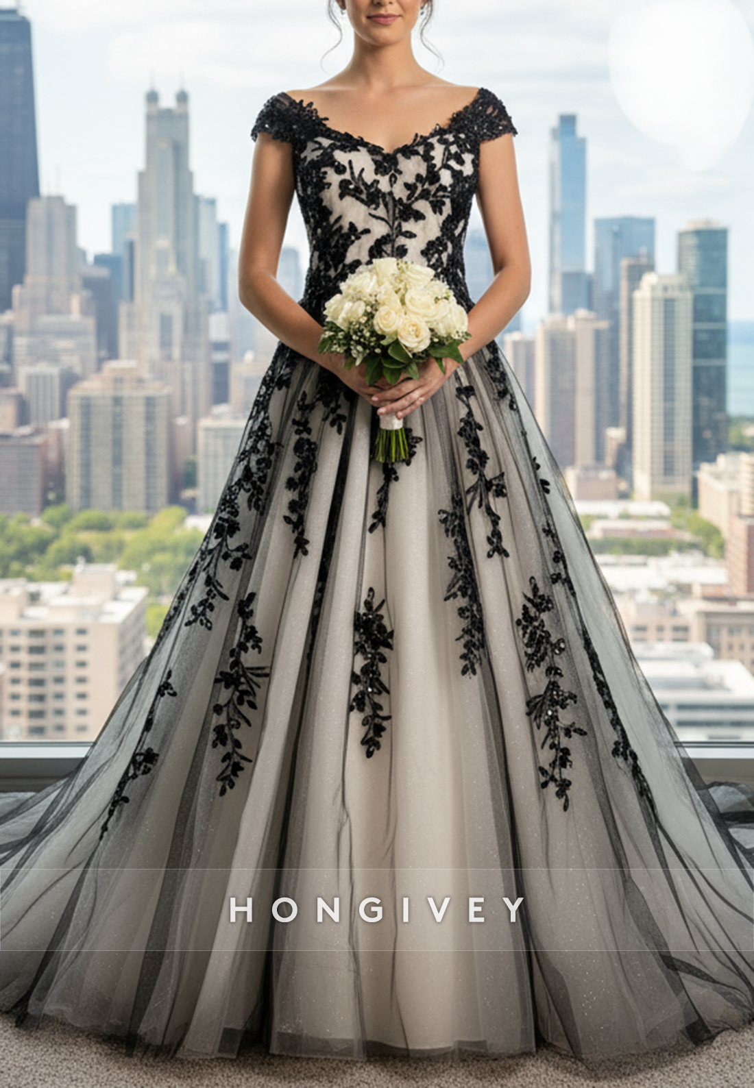 Black and Ivory Cap Sleeves A-Line V Back Wedding Dress with Appliques