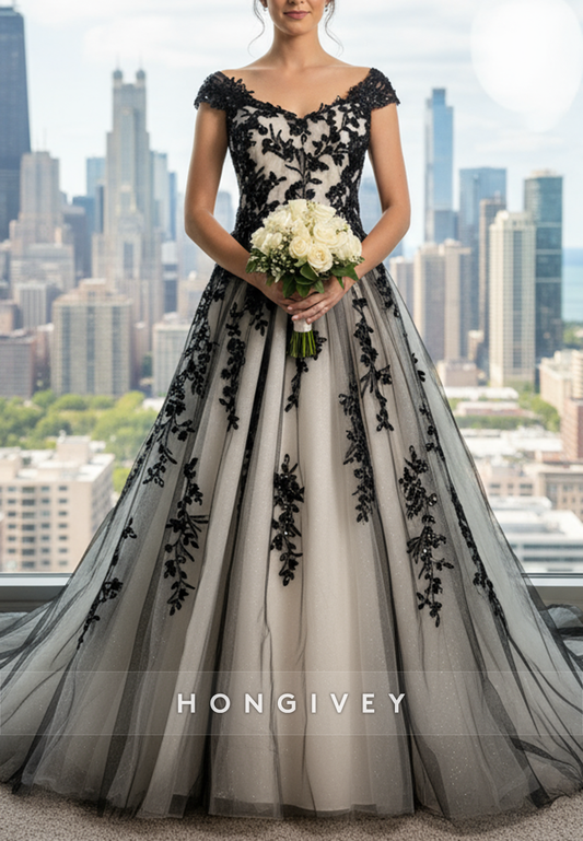 Black and Ivory Cap Sleeves A-Line V Back Wedding Dress with Appliques