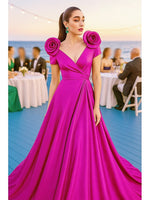 V-Neck Half-Sleeve Flowers A-Line Floor-Length Backless Evening Dress