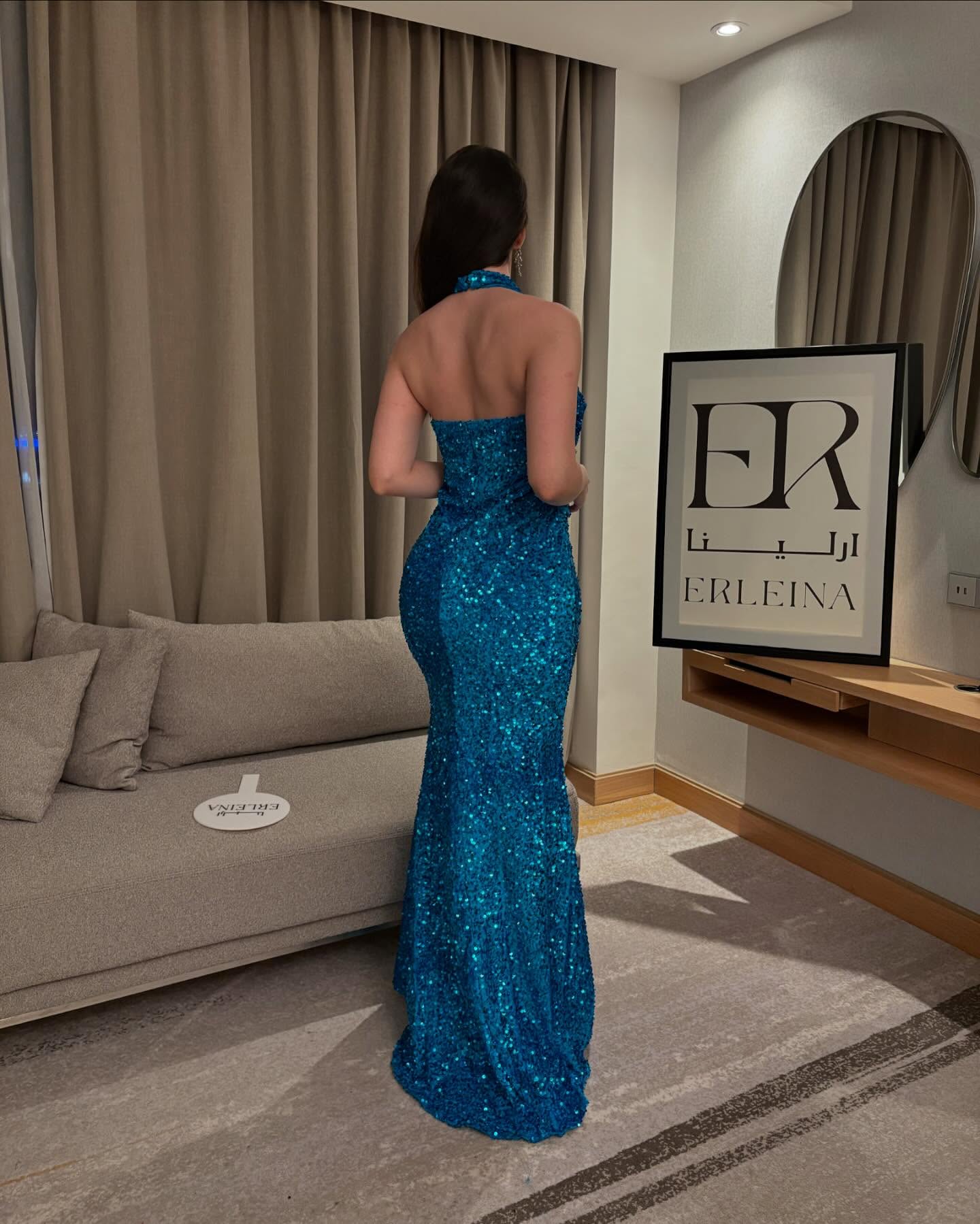 Blue Halter Sleeveless Sequins Sparkle Mermaid Prom dress Floor-Length