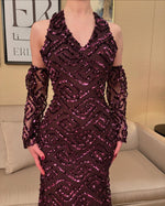 Sparkle Red Halter Detachable Long Sleeve Backless Sequins Mermaid Evening Dress