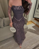 Off the Shoulder Lace Long Sleeve Sequins Sparkle Mermaid Evening Dress