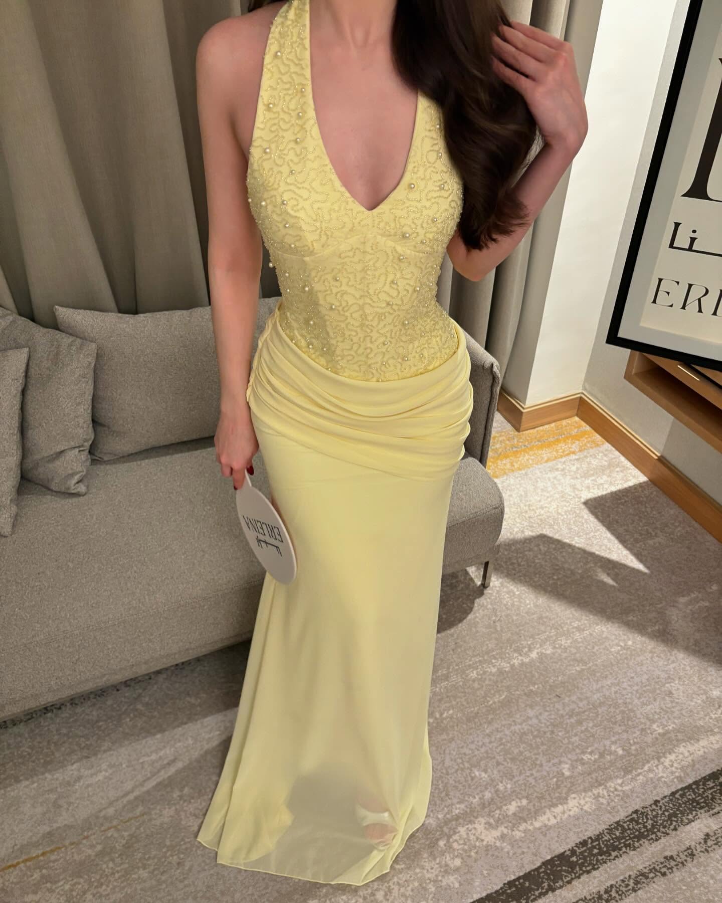Fashion Yellow Halter Beadede Mermaid Sleeveless Floor-Length Evening Dress