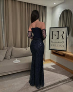 Off the Shoulder Lace Long Sleeve Sequins Sparkle Mermaid Evening Dress