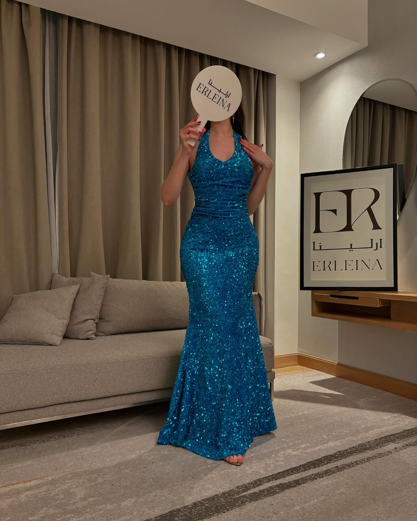 Blue Halter Sleeveless Sequins Sparkle Mermaid Prom dress Floor-Length
