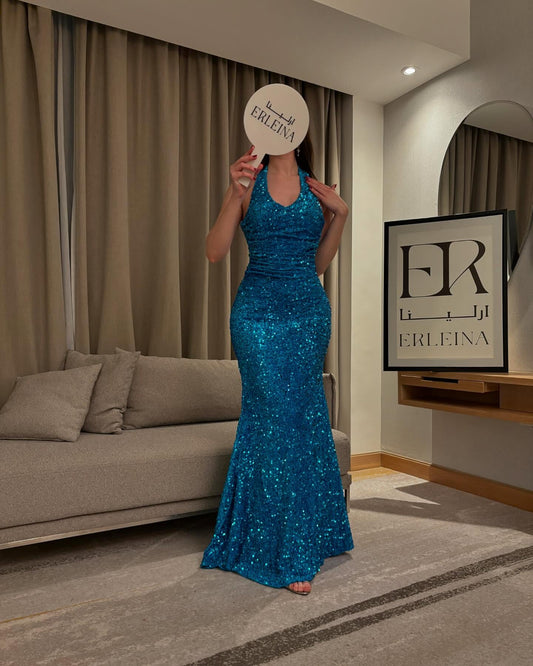 Blue Halter Sleeveless Sequins Sparkle Mermaid Prom dress Floor-Length