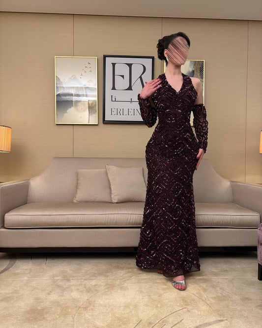 Sparkle Red Halter Detachable Long Sleeve Backless Sequins Mermaid Evening Dress