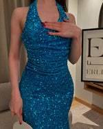 Blue Halter Sleeveless Sequins Sparkle Mermaid Prom dress Floor-Length