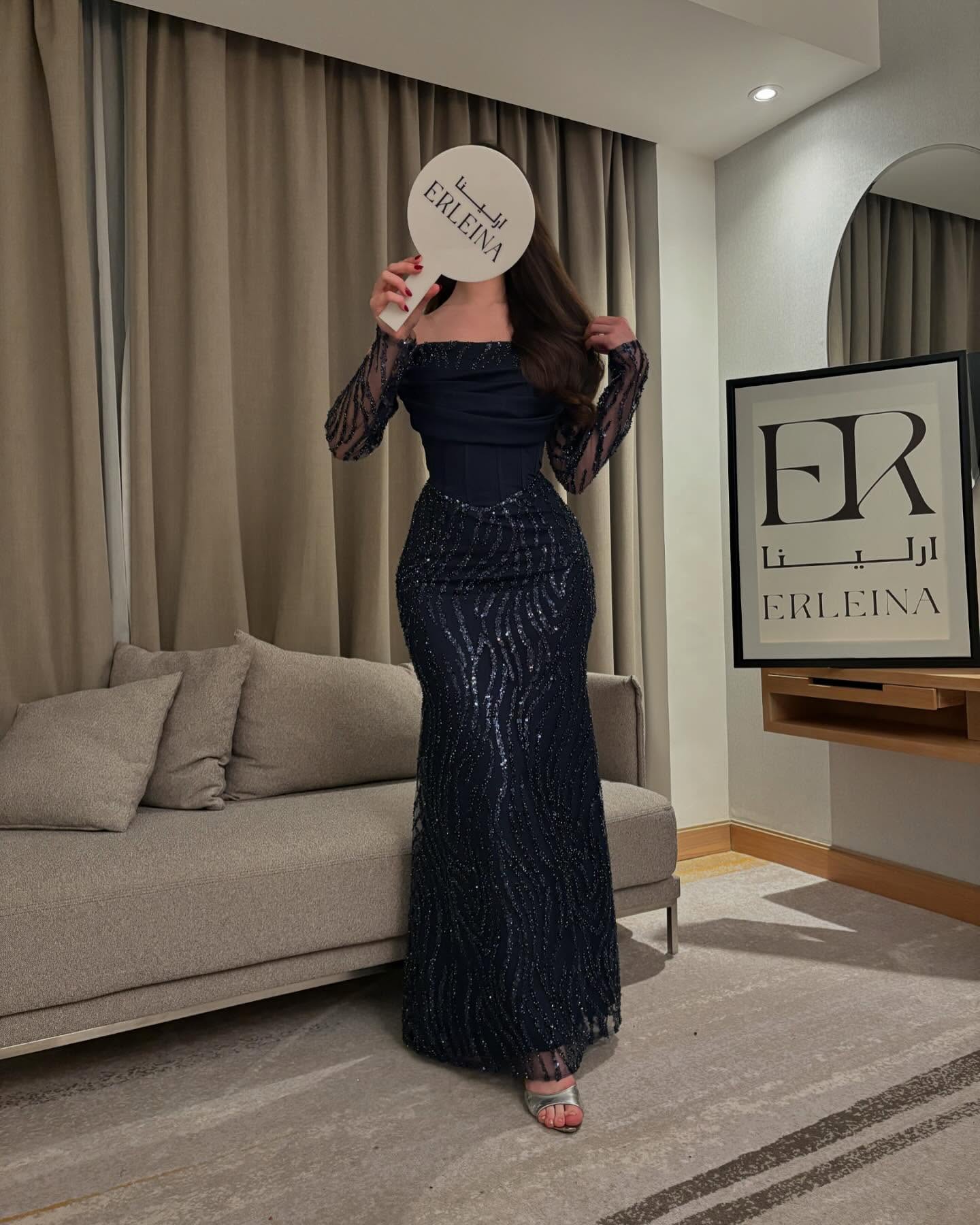 Off the Shoulder Lace Long Sleeve Sequins Sparkle Mermaid Evening Dress