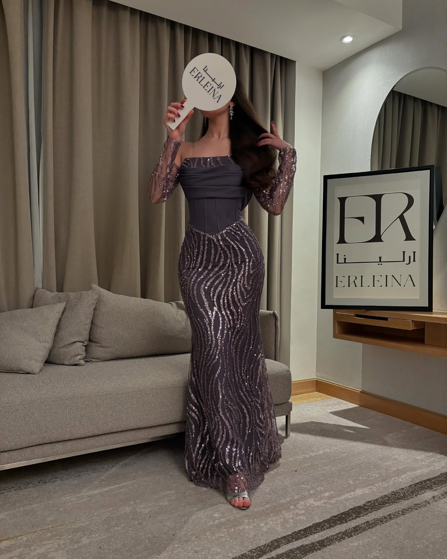 Off the Shoulder Lace Long Sleeve Sequins Sparkle Mermaid Evening Dress