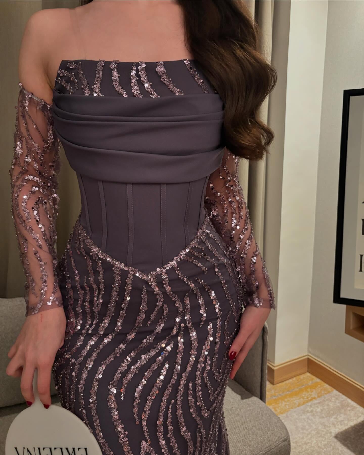 Off the Shoulder Lace Long Sleeve Sequins Sparkle Mermaid Evening Dress