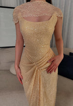 Yellow Lace Sequins Sparkle Mermaid Sleeveless Evening Dress Foraml Women