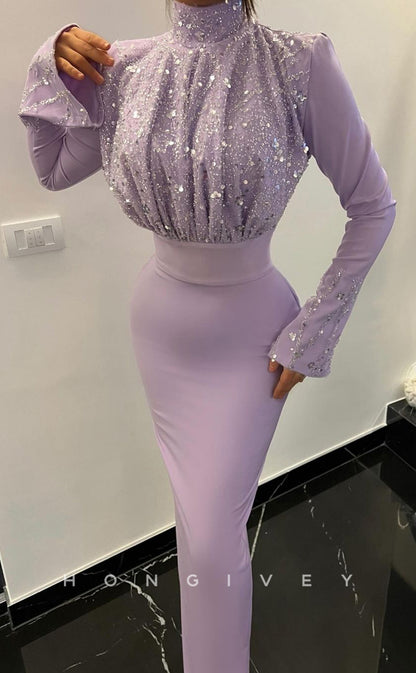 L2696 - High Neck Long Sleeve Sequined Ruched Fitted Party Prom Evening Dress