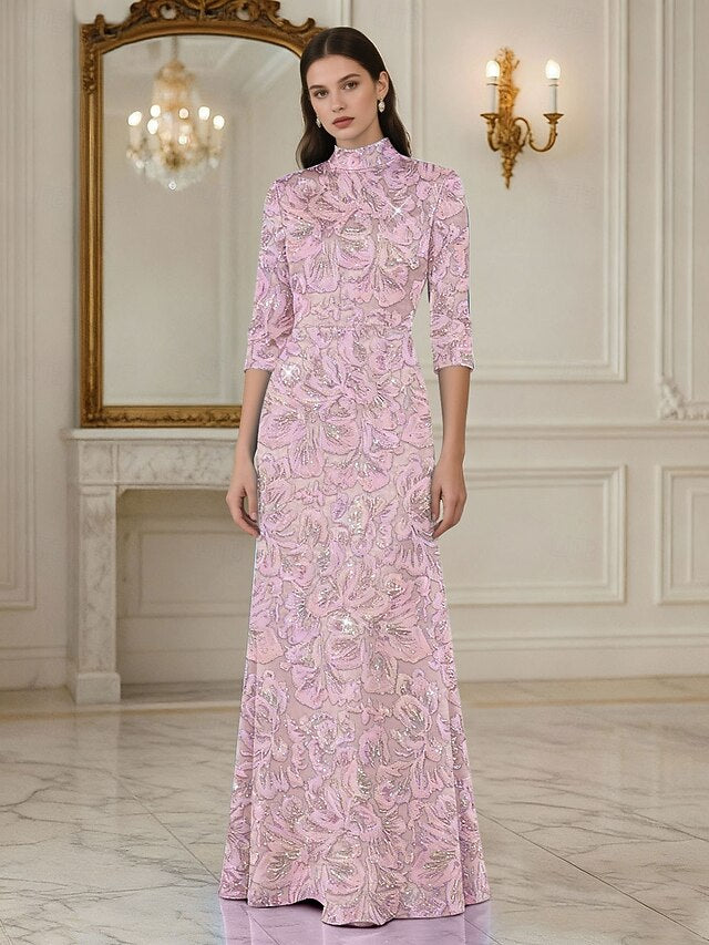 High Neck 3/4 Sleeve Flowers Floral Print Mermaid Evening Dress