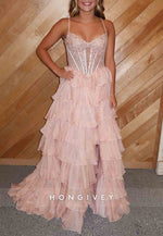 Pink Spaghetti Straps Low Back Side Slit A-Line Prom Dresses with Ruffles