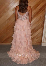 Pink Spaghetti Straps Low Back Side Slit A-Line Prom Dresses with Ruffles