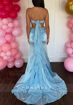 Light Blue Ruched Spaghetti Straps Satin Mermaid Prom Dresses with Side Slit