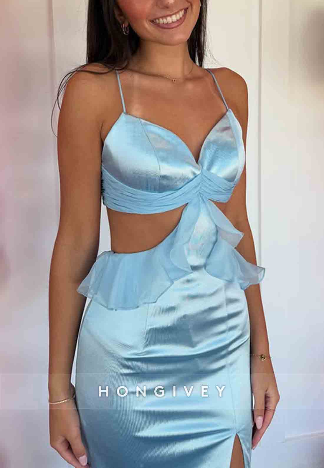 Light Blue Ruched Spaghetti Straps Satin Mermaid Prom Dresses with Side Slit