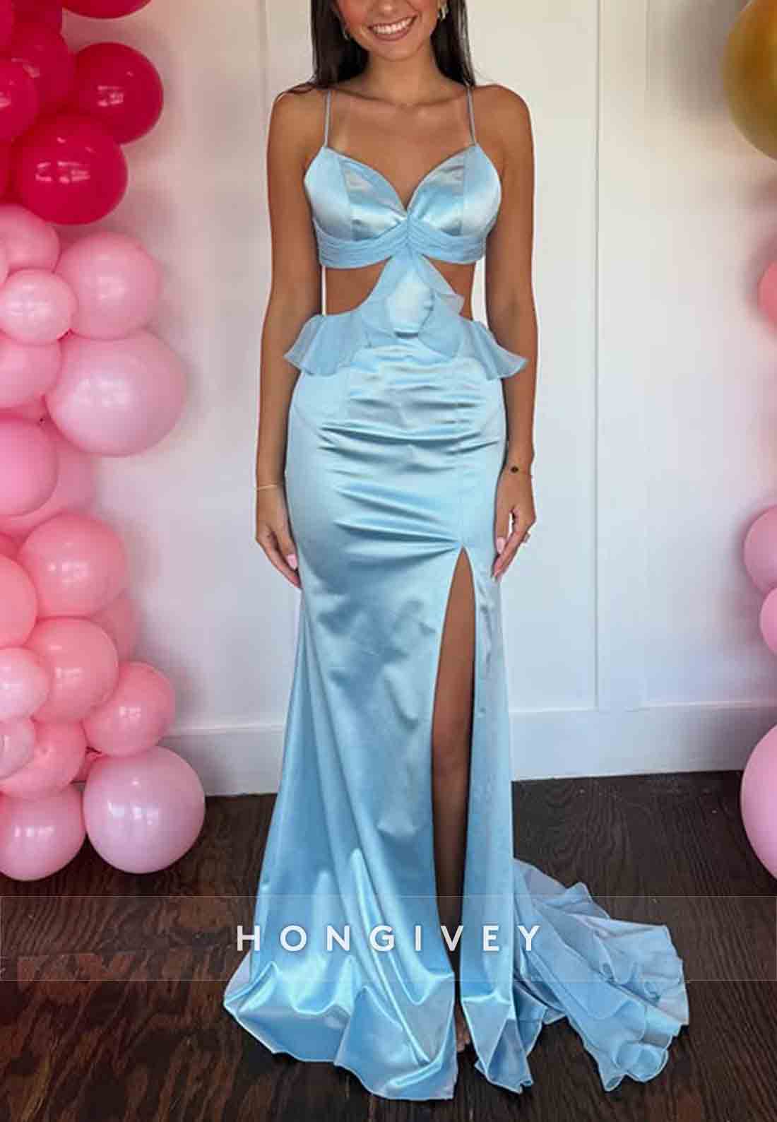 Light Blue Ruched Spaghetti Straps Satin Mermaid Prom Dresses with Side Slit