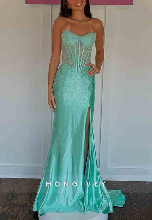 Sparkly Spa Strapless Side Slit Trumpet Prom Dresses with Beading