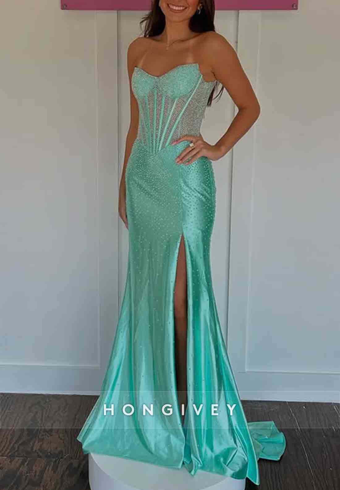Sparkly Spa Strapless Side Slit Trumpet Prom Dresses with Beading