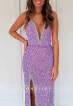 Strapless Column Low V-Neck Tahiti Sequins Beaded Prom Dresses with High Slit