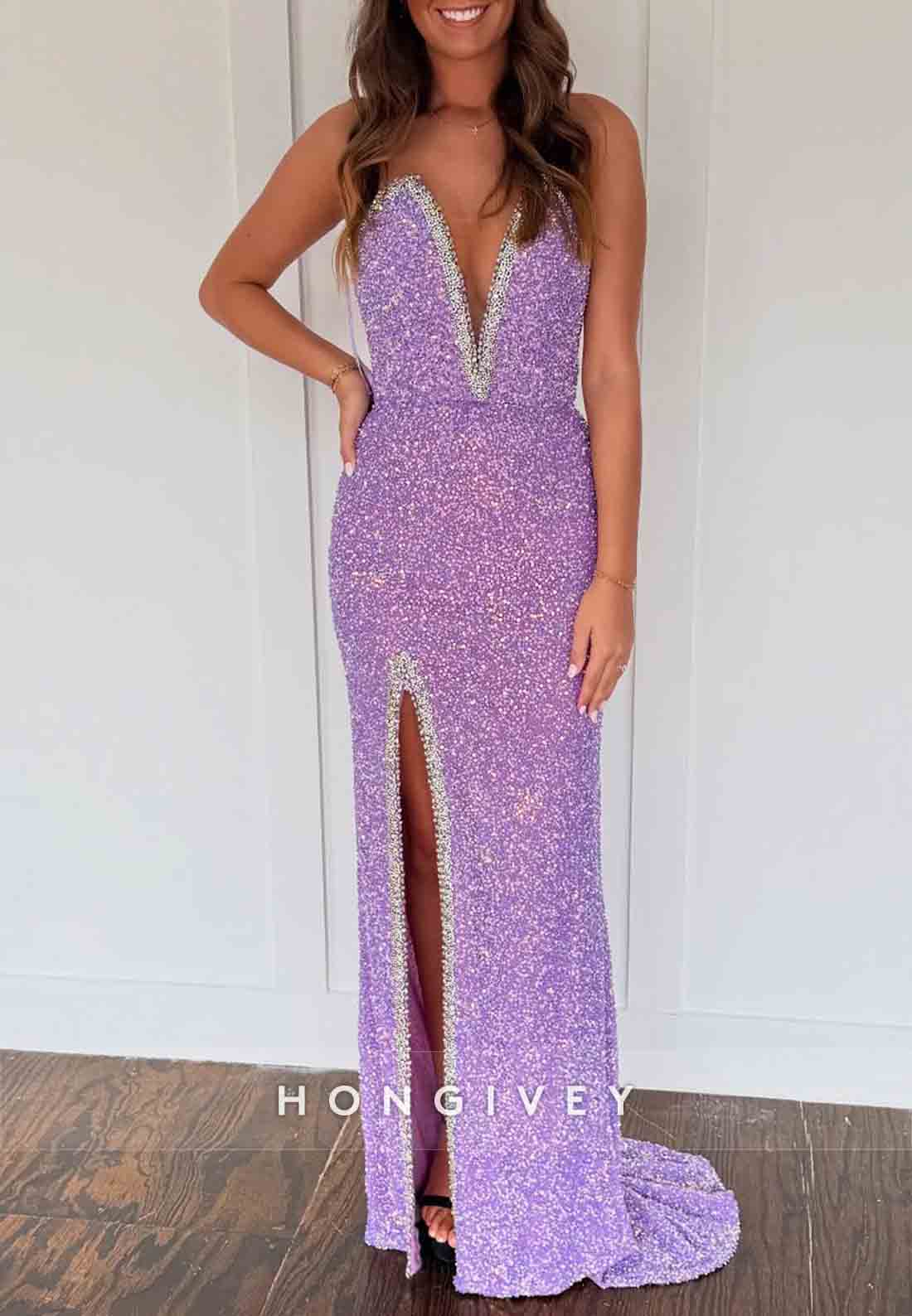 Strapless Column Low V-Neck Tahiti Sequins Beaded Prom Dresses with High Slit