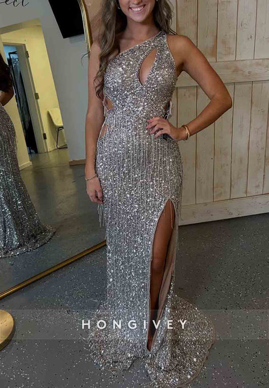 Silver One Shoulder Sequined Column Prom Dresses with High Slit and Tassel