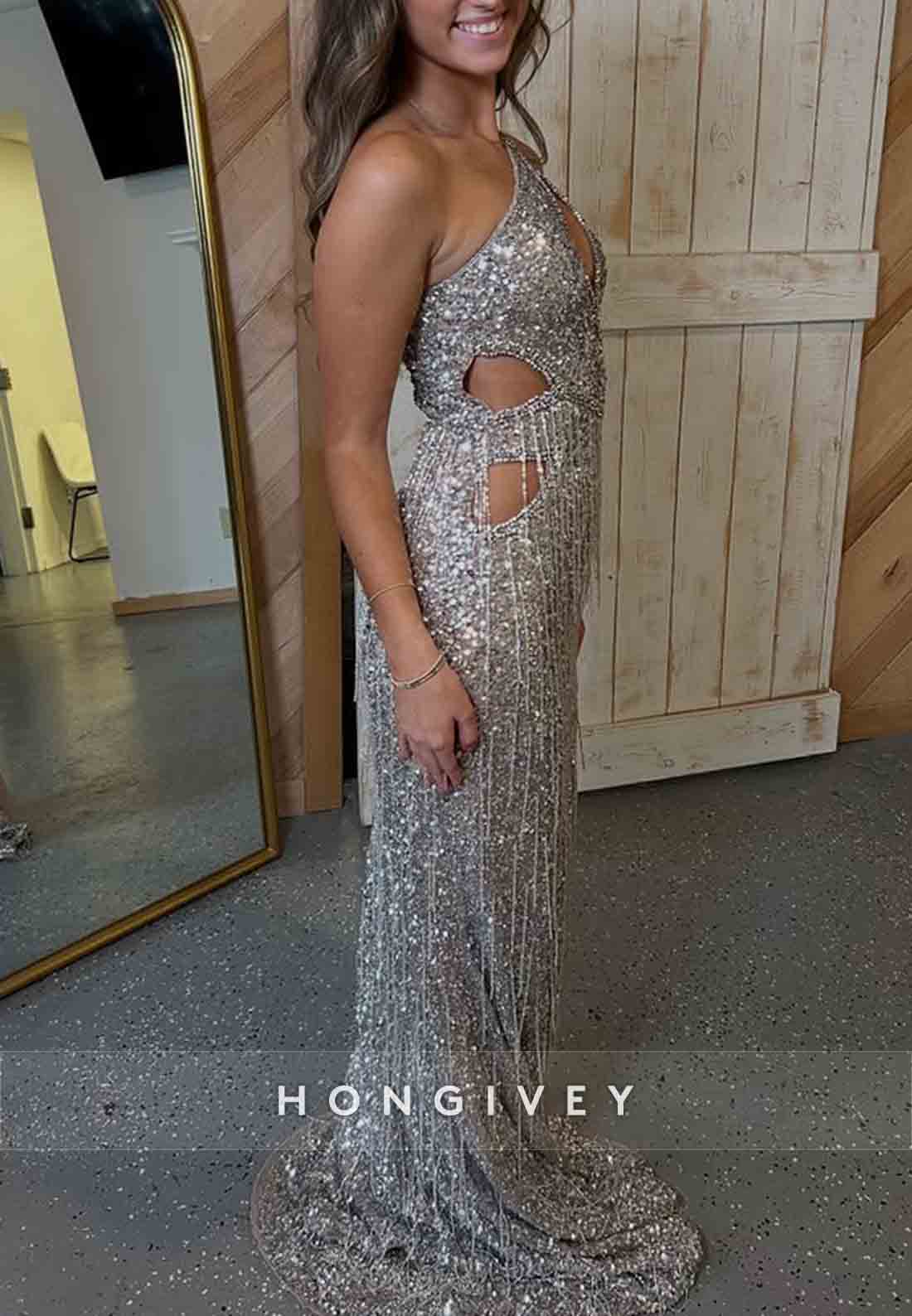 Silver One Shoulder Sequined Column Prom Dresses with High Slit and Tassel