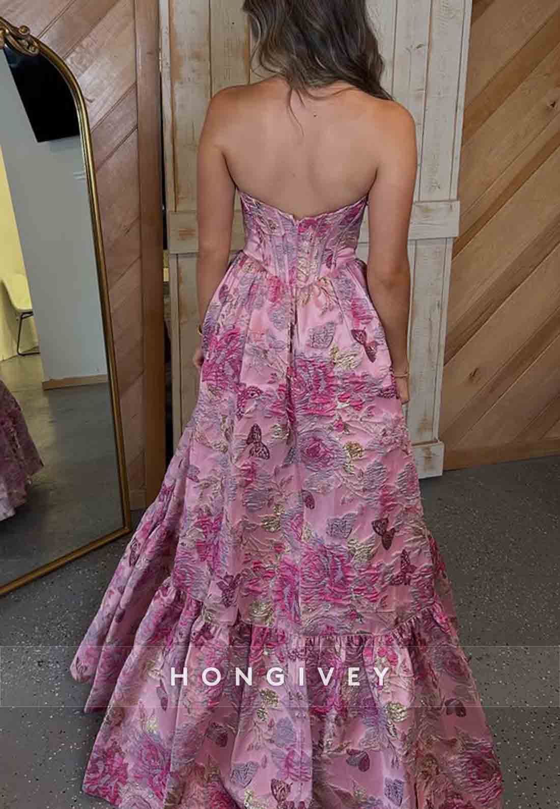 Floral Sweetheart Strapless A-Line Embroidery Empire Prom Dresses