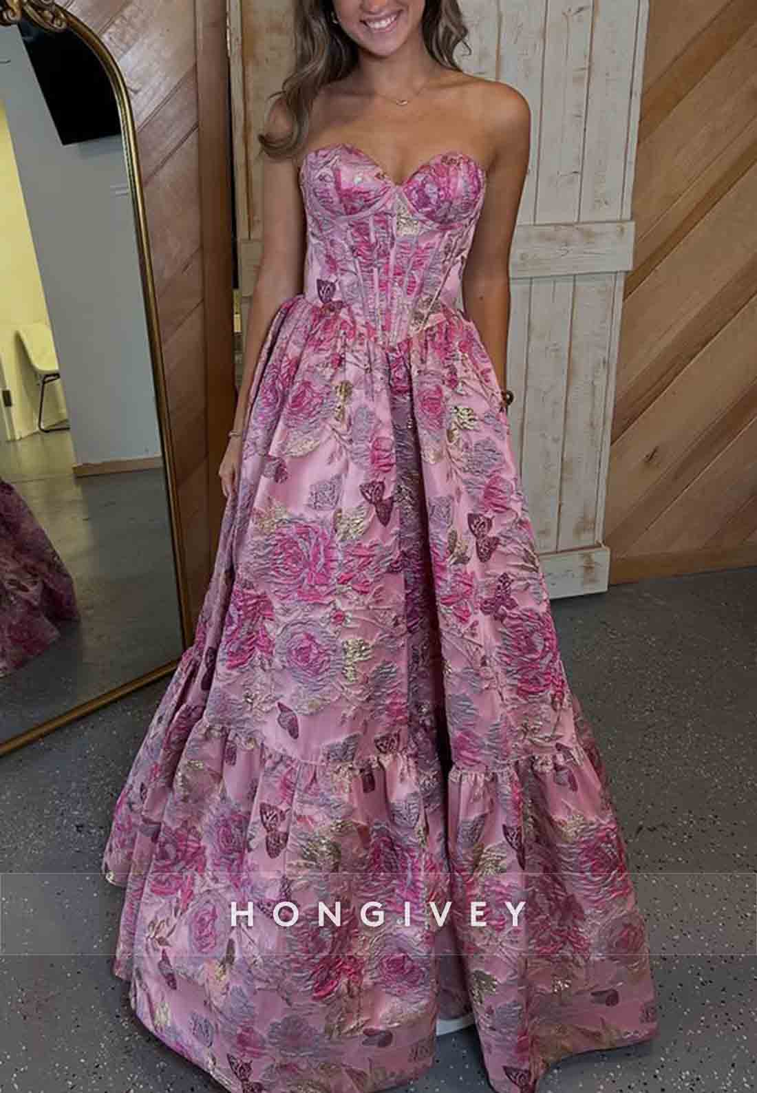 Floral Sweetheart Strapless A-Line Embroidery Empire Prom Dresses